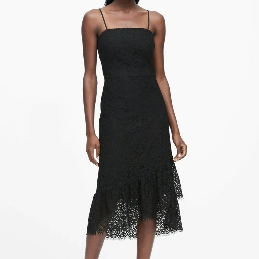 NWOT Banana Republic Lace Midi Dress Romantic Scallop Hem‎ Black Size 6